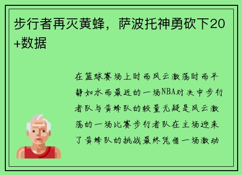 步行者再灭黄蜂，萨波托神勇砍下20+数据